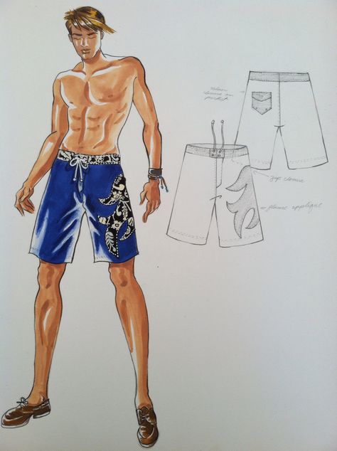 Board shorts by Magdalena Mens Beach Style, Mantra Tattoo, Fashion Illustration Tutorial, Illustration Tutorial, Mens Fashion Illustration, Flat Sketches, Fashion Figures, Men Beach, Illustration Sketches