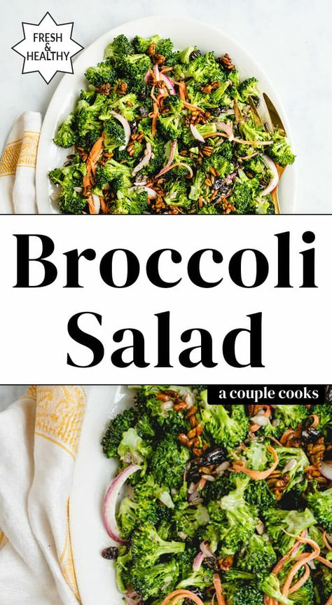 A new and improved take on the classic broccoli salad! Crunchy and savory sweet, it stars broccoli, raisins, and a flavor-popping dressing. #broccoli #broccolisalad #salad #saladrecipe #broccolisaladrecipe #summersalad Broccoli Potato Soup, Healthy Broccoli Salad, Poppyseed Dressing, Farmers Market Recipes, Broccoli Salad Recipe, Red Onion Salad, Broccoli Slaw, Vegetarian Cookbook, Couple Cooking