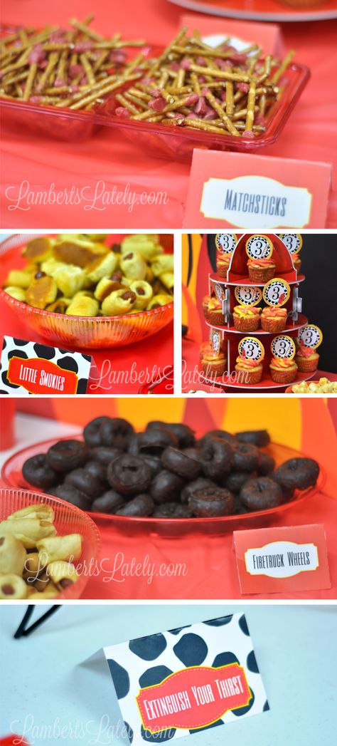 Great food table ideas for fireman / firetruck birthday party!  Menu and free printables included. Fire And Police Birthday Party, Fireman Birthday Party Food, Fire Party Food, Fireman Party Food, Firefighter Party Food, Food Table Ideas, Fire Truck Birthday Party Ideas, Birthday Food Table, Birthday Party Ideas Food