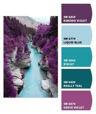 Color Inspiration  Orchid goes great with turquoise and aqua-blues don't you think? Bedroom Purple, Bedroom Turquoise, Purple Color Schemes, Paint Color Schemes, Color Schemes Colour Palettes, Grey Color Scheme, Room Color Schemes, Bedroom Color Schemes, Gray Bedroom