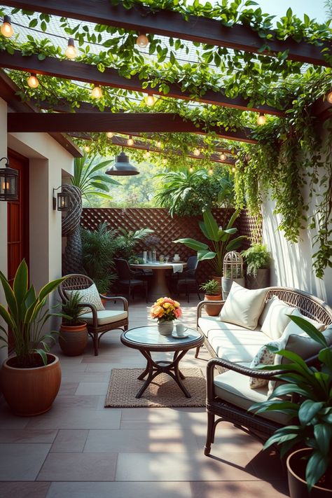 Transform your outdoor space with these 10 breezy patio ideas perfect for alfresco dining and relaxation! Whether you have a small balcony or a spacious patio, explore themes like cozy seating arrangements, vibrant plants, colorful decor, and outdoor decor trends that elevate your outdoor dining experience. Perfect for friends and family gatherings, these inspired concepts turn your patio into a lively retreat. Enjoy summer evenings under the stars with these easy and creative setups that will set the perfect mood! Small Patio Dining Ideas, Cozy Patio Ideas Small Spaces, Balcony Setup, Patio Paint, Outdoor Drapes, Small Water Features, Painted Patio, Summer Patio, Cozy Patio