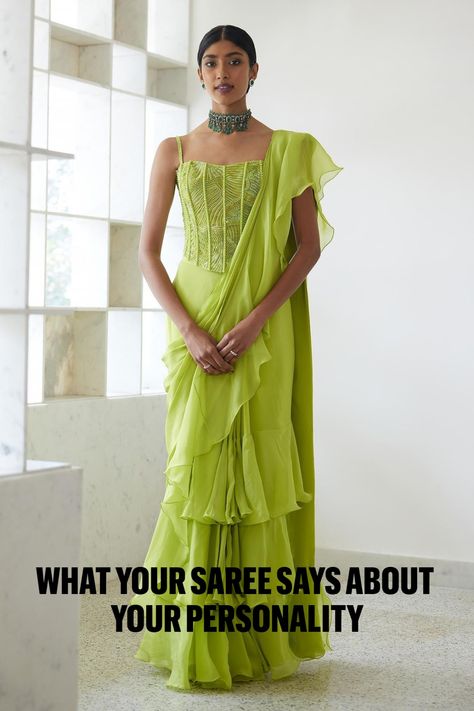 Shop Sarees That Define Your Personality Mishru Clothing, Green Sequin Saree, Prestitched Saree, Organza Corset, Bird Cottage, Corset Closure, Tulle Corset, Drape Sarees, Draped Saree