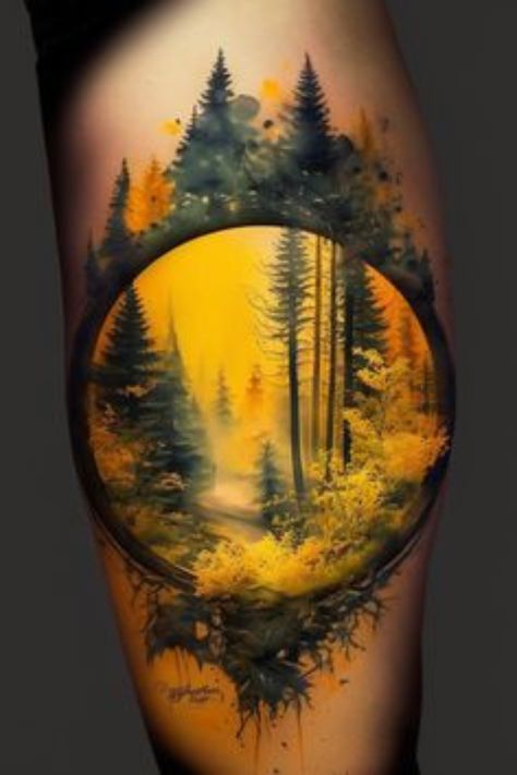 Sun Through Trees Tattoo, Scenery Tattoo Sleeve Women, Animal And Nature Tattoo, Forest Hip Tattoo, Into The Forest I Go Tattoo, Nature Shoulder Tattoos For Women, Landscape Back Tattoo, Dark Forest Tattoo Design, Forest Scene Tattoo