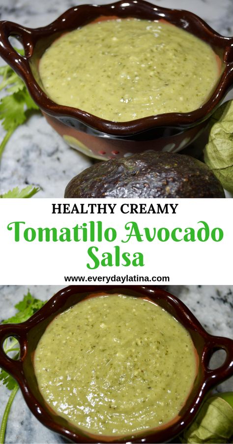 Tomatillos, jalapeños, cilantro, and avocado come together to create this spicy and creamy tomatillo avocado salsa perfect for your next Mexican dinner. #mexicansalsa #tomatillosalsa #mexicanfood #salsa Tomatillo Avocado Salsa Recipes, Creamy Avocado Salsa Verde, Homemade Avacodo Salsa, Mexican Avocado Salsa Recipe, Green Guacamole Salsa, Guacamole Sauce Creamy, Guac Salsa Recipe, Guacamole Salsa Recipe Herdez, Easy Avocado Salsa Recipe