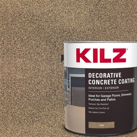 Breathe new life into your concrete surfaces with KILZ interior exterior decorative concrete paint formulated for driveways, garage floors, pool decks, patios and porches. Easy to apply concrete paint fills in hairline cracks up to 1/8 inch and stands up to hot tires, dirt and grease. Slip resistant surface is ideal for pool decks and walkways. Important: the product must be applied with a 1/4 inch adhesive roller cover. One gallon covers about 50 sq.'. With 2 coats. Durable, protective finish enhances the look of concrete surfaces. Dries to the touch in 1 hour, recoat after 4 hours. KILZ Decorative Concrete Coating Tan Textured Slip-resistant Flat Interior/Exterior Porch and Floor paint (1-Gallon) | L378611 Painted Pool Deck, Concrete Paint Colors, Repair Cracked Concrete, Concrete Repair Products, Paint Concrete Patio, Concrete Floor Coatings, Concrete Paint, Porch Paint, Cement Patio