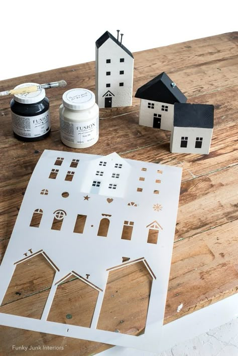 House Christmas Decor, Christmas Tree Stencil, Small Wooden House, Diy Christmas Village, Wood Block Crafts, Unique Holiday Decor, Funky Junk Interiors, Christmas Village Houses, Pencil Christmas Tree