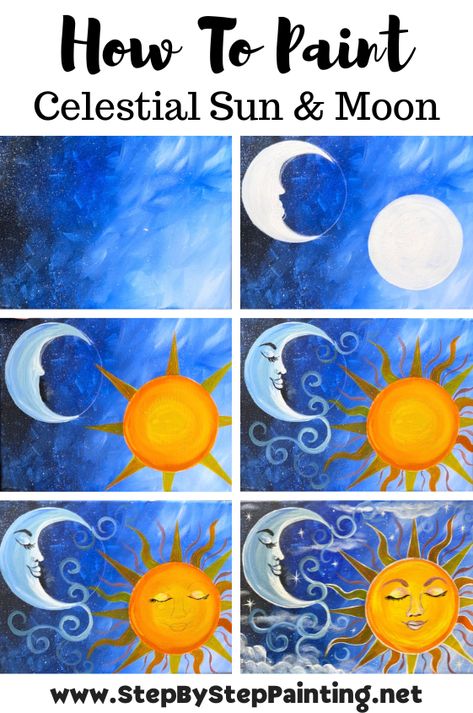 Celestial Sun & Moon Painting - Acrylic Tutorial Simple Sun Painting Ideas, Moon And Sun Painting Easy, Sun And Moon Painting Canvases Easy, Kids Acrylic Painting, Sun Moon Painting, Moon And Sun Painting, Sun And Moon Painting, Celestial Sun And Moon, Loved Drawing