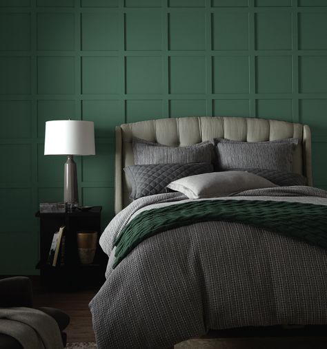 Behr Vine Leaf Paint, Behr Vine Leaf, Emerald Green Paint, Green Bedroom Paint, Featured Wall, Bedroom Colour Palette, Grey Headboard, Cabin Exterior, Green Paint Colors