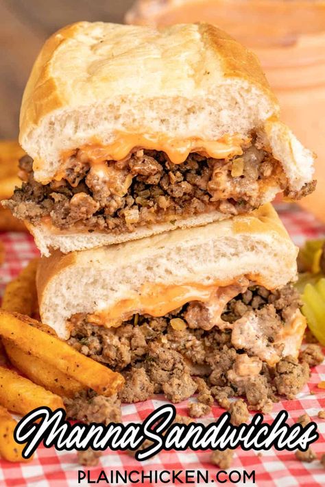 Manna Sandwiches - easy ground beef sandwiches with comeback sauce and swiss cheese. Hands-down the BEST sandwich we've eaten. Ground beef, onion, soy sauce, parsley, basil, and garlic. The sauce puts these sandwiches over the top - mayonnaise, catalina dressing, ketchup, spicy brown mustard, and sugar. Served on hoagie buns with melted cheese. YUM! #sandwich #sloppyjoe Ground Beef Sandwiches, Hoagie Buns, Catalina Dressing, Salami Sandwich, Grilled Potato Salad, Loose Meat Sandwiches, Comeback Sauce, Monte Cristo Sandwich, Best Macaroni Salad