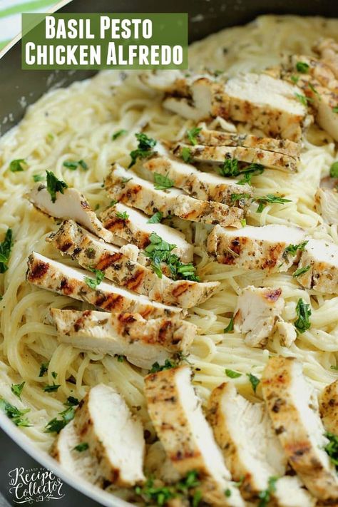 Basil Pesto Chicken Alfredo - An easy, delicious, and quick 30 minute chicken dinner recipe! Creamy Basil Alfredo Chicken, Basil Pesto Alfredo Chicken Pasta, Bread Side Dish, Creamy Pesto Chicken Pasta Recipes, Chicken Pesto Pasta No Cream, Basil Pesto Chicken Pasta, Easy French Bread, Basil Pesto Chicken, Minute Chicken