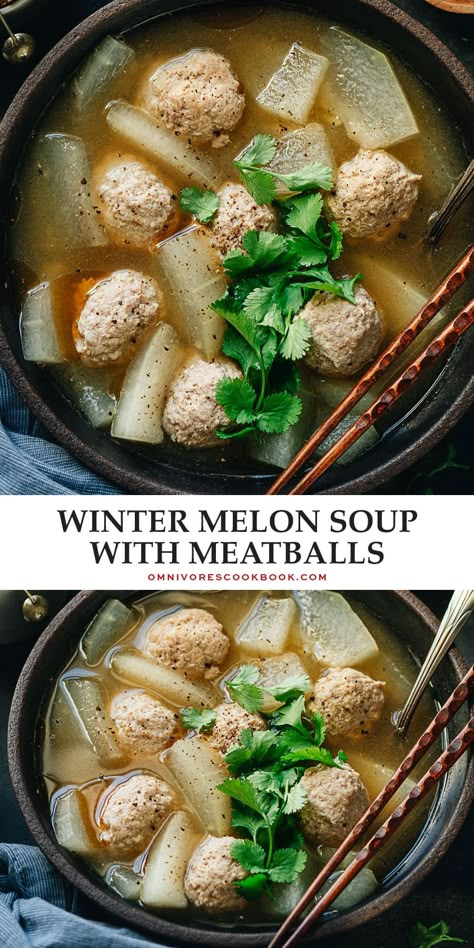 Winter melon soup is a soothing and comforting dish that is indispensable during the cold winter months. The winter melon is cooked in a fragrant broth until tender, with extra juicy pork meatballs that have a melt-in-your-mouth texture.The soup is very easy to prepare and tastes especially fulfilling. {Gluten-Free Adaptable} Soup With Meatballs, Winter Melon Soup, Melon Soup, Chinese Soups, Chinese Soup Recipes, Asian Soup Recipes, Light Soups, Soup Stew Recipes, Winter Melon