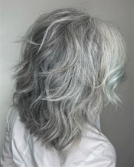 Medium Gray Shag with Money Piece Grey Hair And Glasses, Grey Hair With Bangs, Gray Hair Styles, Grey Hair Over 50, Salt And Pepper Hair, Grey Hair Inspiration, Beautiful Gray Hair, Gray Hair Cuts, Grey Hair Styles For Women