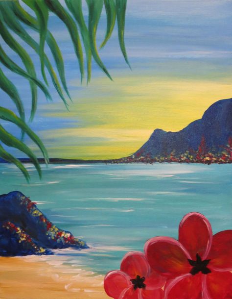 Hawaii Painting, Canvas Inspiration, Hawaiian Art, Painting Party, Paint Night, Easy Canvas Painting, Seni Cat Air, Canvas Painting Diy, Ocean Sunset