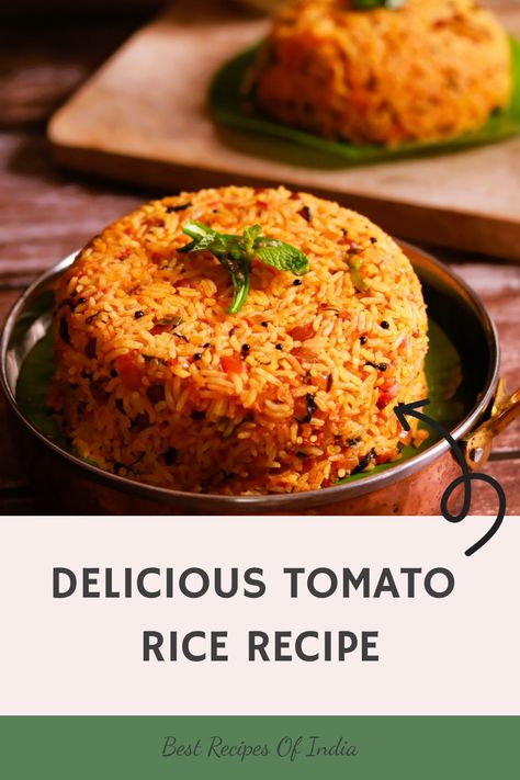 Delicious tomato rice garnished with herbs, served on a leafy plate. Recipe from Best Recipes of India. Tomato Rice Recipe Indian, Tomato Rice Recipe, Cooking Indian Food, Vegetarian Indian Recipes, Indian Dinner Recipes, Kitchen Hacks Food, Indian Rice Recipes, Tomato Rice, Indian Dinner