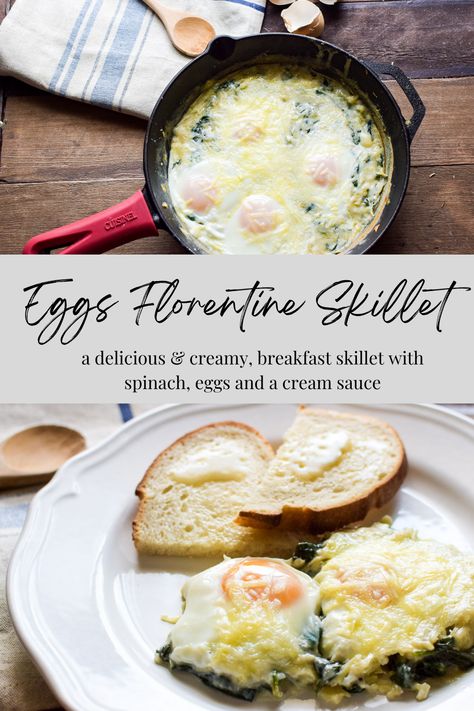 This skillet Eggs Florentine is a delicious, creamy baked eggs with veggies breakfast that is simple to make and perfect for a cozy weekend morning. Baked Egg Florentine, Unique Egg Recipes, Florentine Eggs, Meals With Eggs, French Baked Eggs, Eggs Florentine Recipe, Creamy Baked Eggs, Egg Florentine, Eggs With Veggies