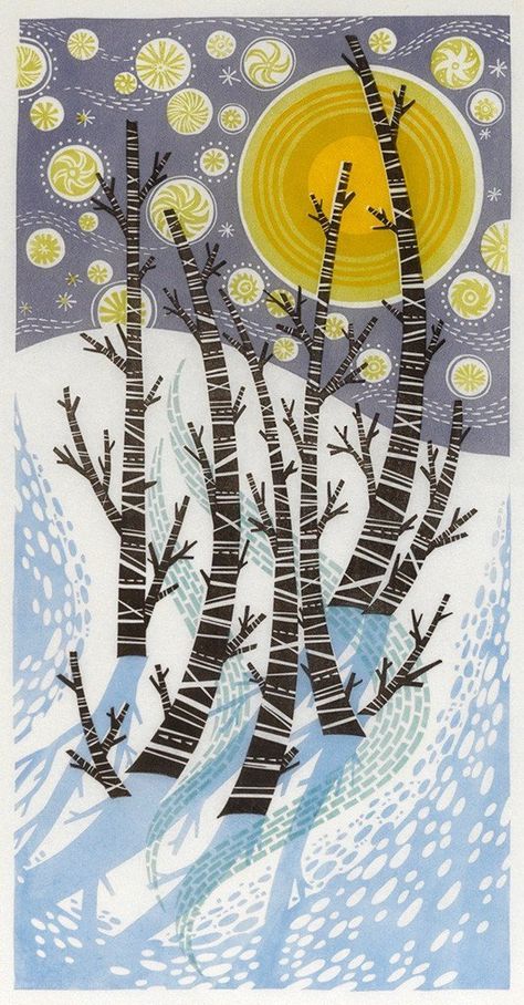 Image Angie Lewin, Woodcut Print, Painting Nature, Nature Mountains, Linocut Art, Illustration Photo, Wood Engraving, Winter Art, Art Textile