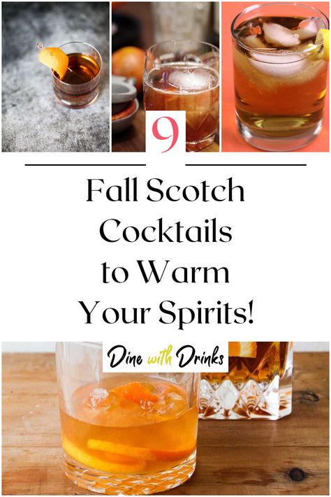 Collage of 4 fall scotch cocktails. Scotch Recipes Drinks, Scotch Cocktails Recipes, Scotch Drinks Cocktails, Scottish Drinks Cocktails, September Cocktails, Cinnamon Sticks Recipe, Scotch Whiskey Drinks, Scotch Whiskey Cocktails, Scotch Cocktails