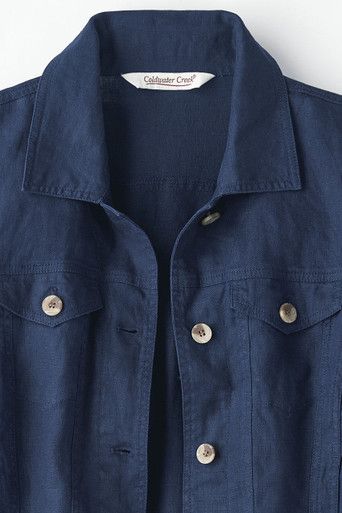 Classic jean jacket styling, updated in lightweight, washable linen. Faux-horn buttons at the front placket, chest pockets and cuffs. | Women's Journeys Lightweight Washable Linen Jacket - Navy - XS Linen Jackets Women, Travel Jacket, Jackets Women, Classic Denim Jacket, Knit Denim, Linen Jackets, Linen Jacket, Classic Jeans, Abayas Fashion