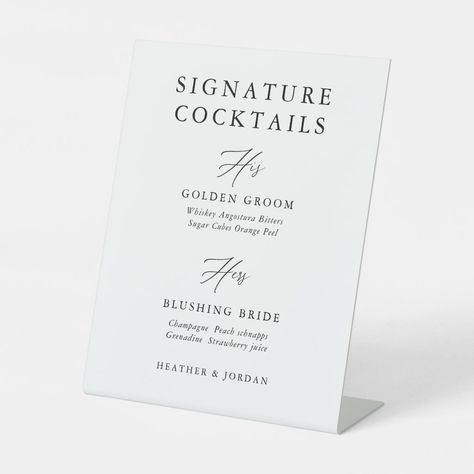 Alcohol Wedding, Cocktail Bar Sign, Menu Minimalist, Simple Wedding Menu, Wedding Table Menus, Wedding Drink Menu, Signature Drink Sign, Signature Cocktails Wedding, Wedding Drinks