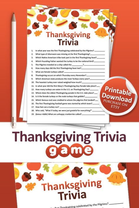 Have some family fun this Thanksgiving with a printable Trivia! You can instantly purchase and download this game in our Etsy shop! https://etsy.me/36t68co  #Thanksgiving #ThanksgivingGames Friendsgiving Game, Thanksgiving Trivia, Games Thanksgiving, Friendsgiving Games, Thanksgiving Facts, Candy Signs, Halloween Party Printables, Printable Thanksgiving, Trivia Night