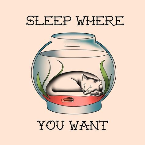 A cat sleeping inside of a fish tank traditional tattoo idea Tank Tattoo, Cat Sleeping, Tattoo Idea, Traditional Tattoo, Fish Tank, Sleep, Fish, Tattoos