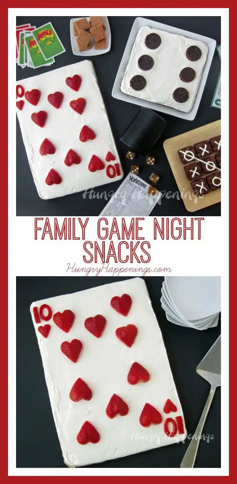 Family Game Night Snacks - Fruit Pizza Playing Card & Brownie Dice Dessert For Game Night, Snacks For Card Playing Night, Game Night Treats, Card Game Food Ideas, Card Party Food Ideas, Dice Dessert, Game Night Dessert Ideas, Desserts For Game Night, Casino Night Food Ideas