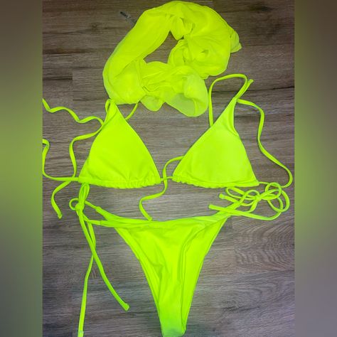 Never Worn Bikini Set From Shein Beautiful Neon Color Neon Swimsuit, Neon Swim, Neon Bikinis, Neon Color, Swim Suit, Work Outfits, Green Yellow, Womens Swim, Swimming