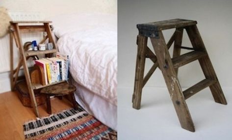 Rustic Country Nightstand Step Ladder Decor, Step Ladder Ideas, Vintage Ladder Decor, Wooden Ladder Ideas, Old Ladder Ideas, Repurposed Ladders, Ladder Diy, Diy Farmhouse Coffee Table, Nightstand Ideas