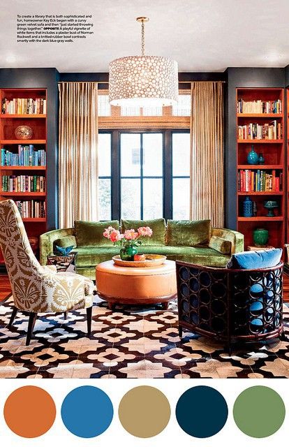 dark blue, orange and green - colour scheme inspiration Blue Couches, Design Living Room, A Living Room, Room Colors, Design Interior, Home Interior, House Colors, Room Inspiration, Bookshelves