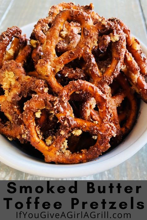 Smoked Butter Toffee Pretzels are a sweet smoky treat, pretzels coated in homemade caramel and Heath bar bits for a sweet and salty snack Using Cherry Pie Filling, Butter Toffee Pretzels, Smoked Butter, Salted Caramel Pretzel Bark, Caramel Pretzel Bark, Toffee Pretzels, Cherry Turnovers, Bbq Smoker Recipes, Seasoned Pretzels