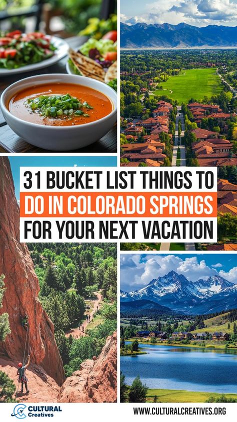 A vibrant collage featuring a bowl of soup, scenic views of a mountain town, rock climbing in red sandstone formations, and a picturesque lake with snow-capped mountains, showcasing 31 Bucket List Things to Do in Colorado Springs for Your Next Vacation. Manitou Springs Colorado, Things To Do In Colorado, Cliff Dwellings, Colorado City, Manitou Springs, Garden Of The Gods, Adventure Nature, Relaxing Places, Adventure Bucket List