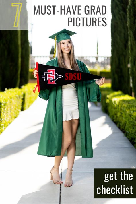 A high school senior girl wearing a green graduation cap and gown is standing holding a college pendant for San Diego State University Cap N Gown Pictures, Cap And Gown Picture Ideas, Cap Gown Photos, Cap And Gown Senior Pictures, Gown Photoshoot, College Pennants, High School Graduation Pictures, Kindergarten Photos, Grad Picture Ideas