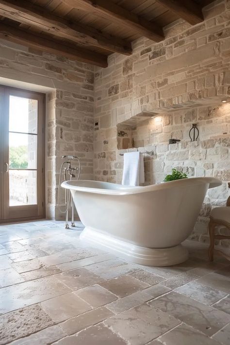 Master The Art Of French Country Bathrooms 50 Ways To Capture This Elegant Yet Rustic Look - Edward George Classic French Bathroom Design, French Country Powder Bath, Woodwork In Bathroom, Modern French Country Bathroom Tile, French Rustic Bathroom Ideas, Natural Stone Master Bath, French Country Modern Bathroom, Bathroom Design Tiles Ideas, Old French Bathroom