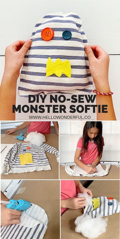 How to Make a No-Sew T-Shirt Monster Softie with Kids. Transform an old t-shirt into this cute and easy monster stuffed toy and softie! Step by step video shown. #kidssewing #nosew #monstersoftie #softie #sewingprojects #sewingtutorials #kidscrafts #kidcraft #sewingwithkids Less Stuffed Animal Ideas, Make A Stuffed Animal, Animal Ideas, Kid Projects, Kids Sewing, Art Camp, Kids Create, Camp Ideas, Video Games For Kids