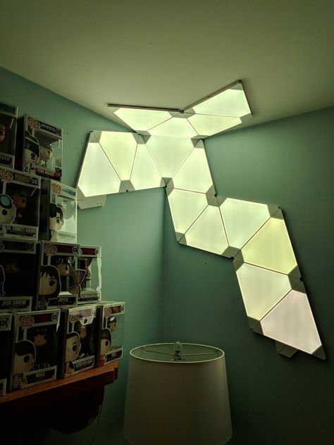 Nanoleaf Corner - Imgur Nanoleaf Designs, Nanoleaf Lights, Game Room Basement, Light Panels, Video Game Rooms, Leaf Designs, Bedroom Setup, Gaming Room Setup, Gamer Room