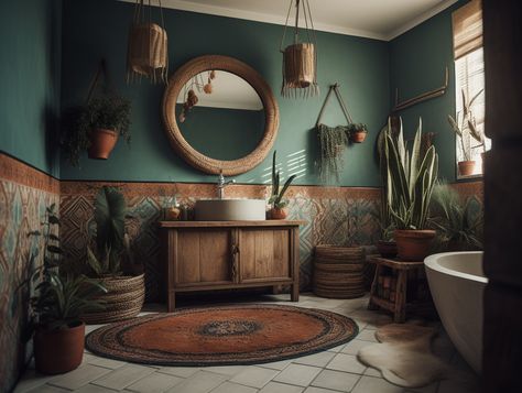 Step into Boho Bliss: Transform Your Bathroom with These Unique Ideas Green Boho Bathroom Ideas, Bohemian Interior Design Bathroom, Natural Boho Bathroom Ideas, Bohemian Chic Bathroom, Eclectic Bohemian Bathroom, Teal Boho Bathroom, Eclectic Boho Bathroom, Morrocon Boho Bathroom, Unusual Bathroom Ideas