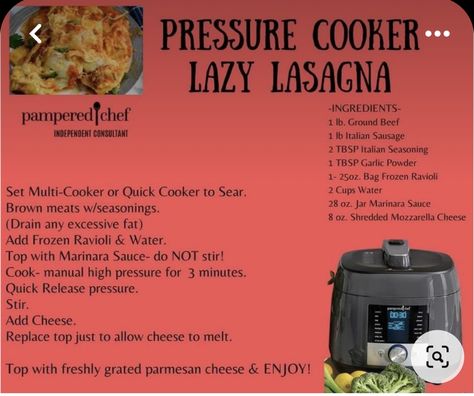 Pampered Chef Deluxe Multi Cooker, Rockcrock Recipes Pampered Chef, Pampered Chef Multi Cooker Recipes, Pampered Chef Quick Cooker Recipes, Memes Recipes, Instapot Ideas, Multi Cooker Recipes, Lazy Lasagna, Steamed Potatoes