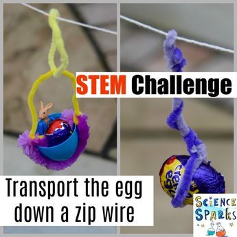 STEM Challenge – Transport an egg down the zip wire #EASTER #STEMCHALLENGE #ZIPWIRE Easter Stem Challenge, Zip Wire, Easter Stem, Easter Science, Kids Stem Activities, Stem Club, Elementary Stem Activities, Stem Elementary, Stem Challenge