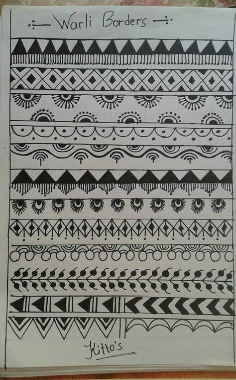 Indian Doodles Art, Warli Paintings Borders, Worli Painting Border Designs, Gond Art Pattern Borders, Gond Art Borders, Warli Painting Border Design, Wall Border Painting Ideas, Warli Border Design, Worli Painting On Wall