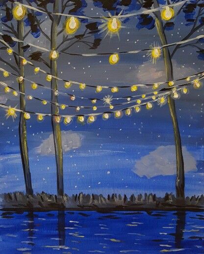 EDISON Bulb Evening Evening Painting Easy, Floating Lights Painting, Painting Lights At Night, Canvas Painting With Fairy Lights, Nighttime Paintings Easy, Tree At Night Painting, Streetlight Painting Night, Macaroni Grill, Happy Daisy