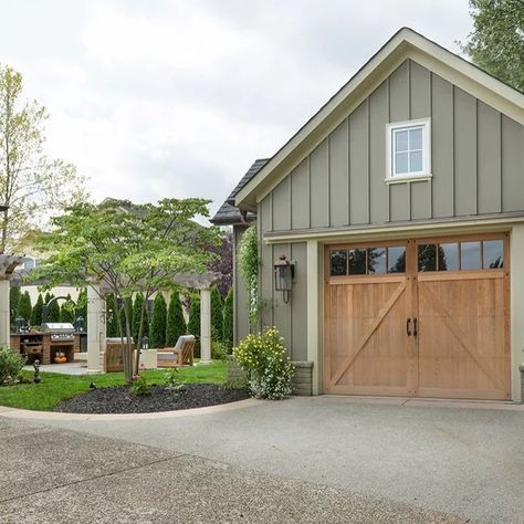 hellolovelyliving-home-garage-ideas-detached-design-houzz Detached Garage Ideas Breezeway, Garage With Breezeway To House, Garage Siding Ideas, Garage Color Ideas, Light Green House, Brown Garage Door, Garage Extension, Building A Garage, Garage Exterior