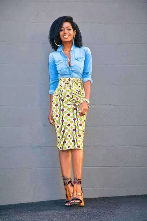 Fitted Denim Shirt + Belted Ankara Wrap Skirt Ankara Wrap Skirt, African Skirt Outfit, Kitenge Designs, Fitted Denim Shirt, Style Pantry, African Print Skirt, African Skirts, African Fashion Modern, Classy Dress Outfits