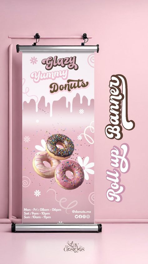 Roll up banner for donuts shop in pink Donut Banner Design, Graphic Banner Design, Business Banner Ideas, Banner Ideas Design, Order Now Logo, Donut Branding, Banner Snack, Donuts Shop, Banner Design Ideas