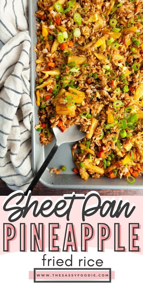 Fried rice is the perfect side to "fakeaway" nights - otherwise known as homemade takeout. Crisp rice, salty soy sauce, zesty garlic and the surprise sweetness or pineapple make this fried rice absolutely perfect! This sheet pan pineapple fried rice is a fuss-free way to use up leftover jasmine rice, with no fuss or supervision. Throw all the ingredients onto a sheet pan, and you've got easy, and classic fried rice. Homemade Takeout, Use Leftover Rice, Cooked Rice Recipes, Hawaiian Fried Rice, Pineapple Fried Rice Recipe, Lean Meal Plan, Luau Food, Pineapple Fried Rice, Sheet Pan Suppers