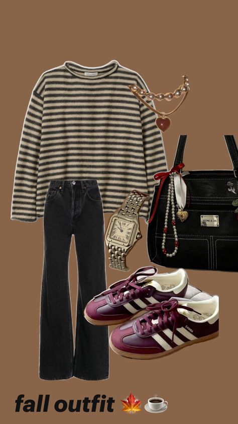 fall outfit, winter outfit, college outfit, class outfit ideas, ootd, outfit inspo, inspiration, black jeans, striped sweater, sweater, b&w, black and white sweater, adidas, adidas gazelles, adidas sambas, vivian westwood bag, bag charms, star girl, mid twenties outfits, cool girl outfit, downtown girl, silver, silver jewelry, red, red shoes, crimson, cherry red Gazelles Adidas, Cool Girl Outfit, Mid Twenties, Striped Sweater Outfit, Adidas Gazelles, Vivian Westwood, Baggy Jeans For Women, Adidas Samba Outfit, Outfit Adidas