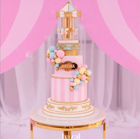 Girly Carousel Carnival Cake from a Pink Carnival Birthday Party  #kidsbirthdayparty #kidsbirthdaypartyideas #girlbirthdayparty #girlbirthdaypartyideas Pink Pastel Color Palette, Pink Carnival Birthday Party, Tent Backdrop, Carnival Themed Cakes, Carnival Birthday Cakes, Pink Carnival, Carnival Tent, Carousel Birthday Parties, Circus Party Decorations