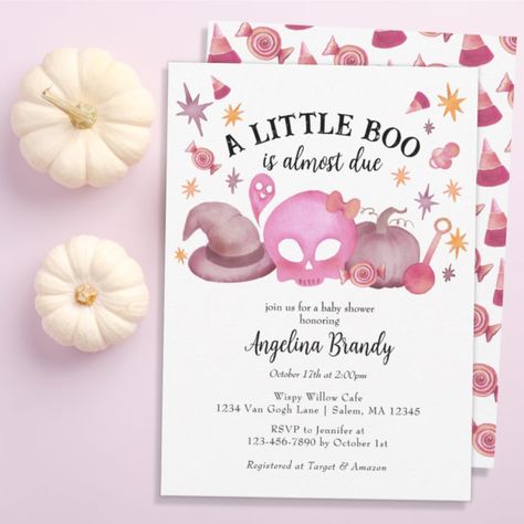 A Little Boo Pink Girly Halloween Baby Shower Invitation A little boo is almost due! Shower mama and her future little boo with a cute girly pink Halloween-inspired baby shower. These baby shower party invitations are a great way to add spooky fun to your event - including hand painted watercolor pink and yellow pumpkins, stars, candy corn, pacifier, skeleton, ghost, and witch's hat. Great colors to complement the fall colors and the spooky season (and a must for Halloween lovers!). Little Boo Is Almost Due, Girly Halloween, Baby Shower Party Invitations, Custom Baby Shower Invitations, Halloween Baby, Pink Halloween, Baby Shower Party, Baby Shower Gender Reveal, Baby Halloween