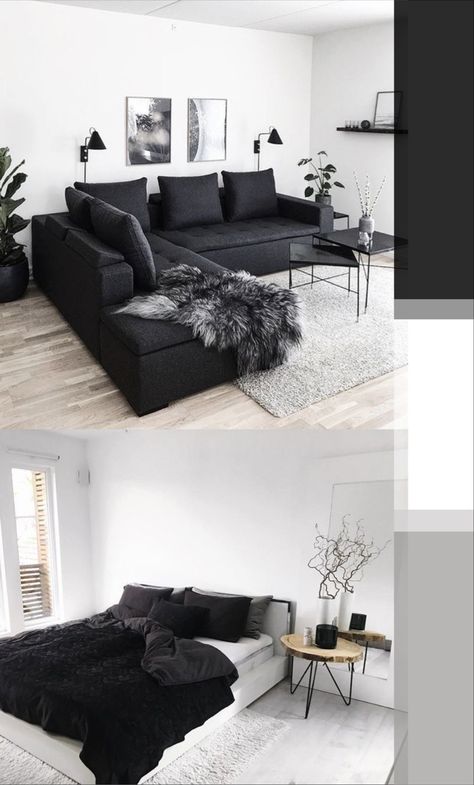 Black Couch Bedroom, Black White Gray Home Decor, Modern House Design Black And White, Modern Minimalist Living Room Grey Black White, Minimalist Home Black And White, Black White House Decor, Sleek Black Apartment, Black White Minimalist Living Room, Black White Home Aesthetic