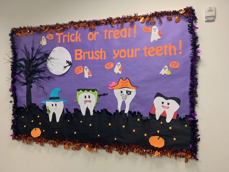 Dental Office Halloween Decorations, Dentist Halloween Decorations, Dental Board Ideas, Dental Operatory Decor, Dental Bulletin Board Ideas, Fall Dental Bulletin Board, Halloween Dental Office Ideas, Dental Halloween Decor, Halloween Nurse Bulletin Boards