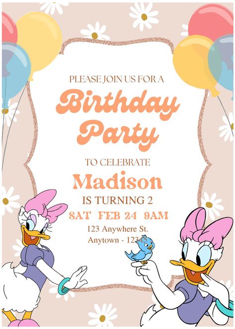 Nice (Free Editable PDF) Daisy's Day Out Daisy Duck Birthday Invitation Templates Every birthday kid will tell you what they do like or dislike and it is important part of any party to point out what kind of theme you will go for. The most common mistake we make is ignoring these a... Daisy Duck Birthday, Daisy Duck Party, Double Birthday Parties, Party Decoration Items, Daisy Birthday, Duck Birthday, Free Printable Birthday Invitations, 2nd Birthday Party Themes, Free Printable Invitations